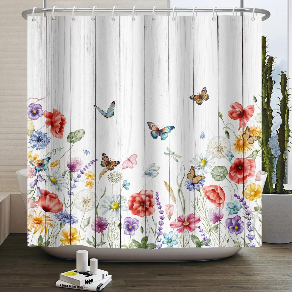 Watercolor Floral Shower Curtain for Bathroom Spring Elegant Flower Printed Bath Curtain Botanical Wildflower Bathroom Decor