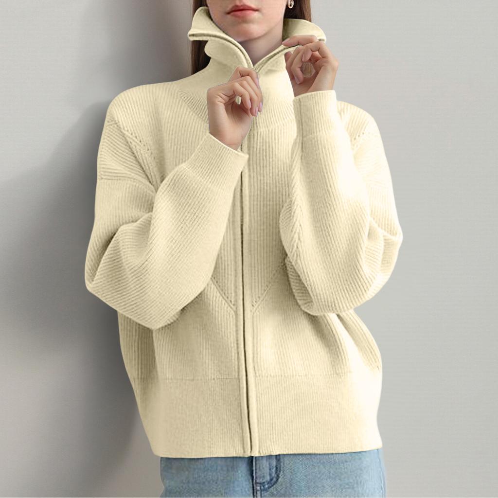 Women's Fashion Casual Navy Collar Long Sleeve Cropped Top Lazy Style Zipper Knitted Cardigan Sweater Jacket
