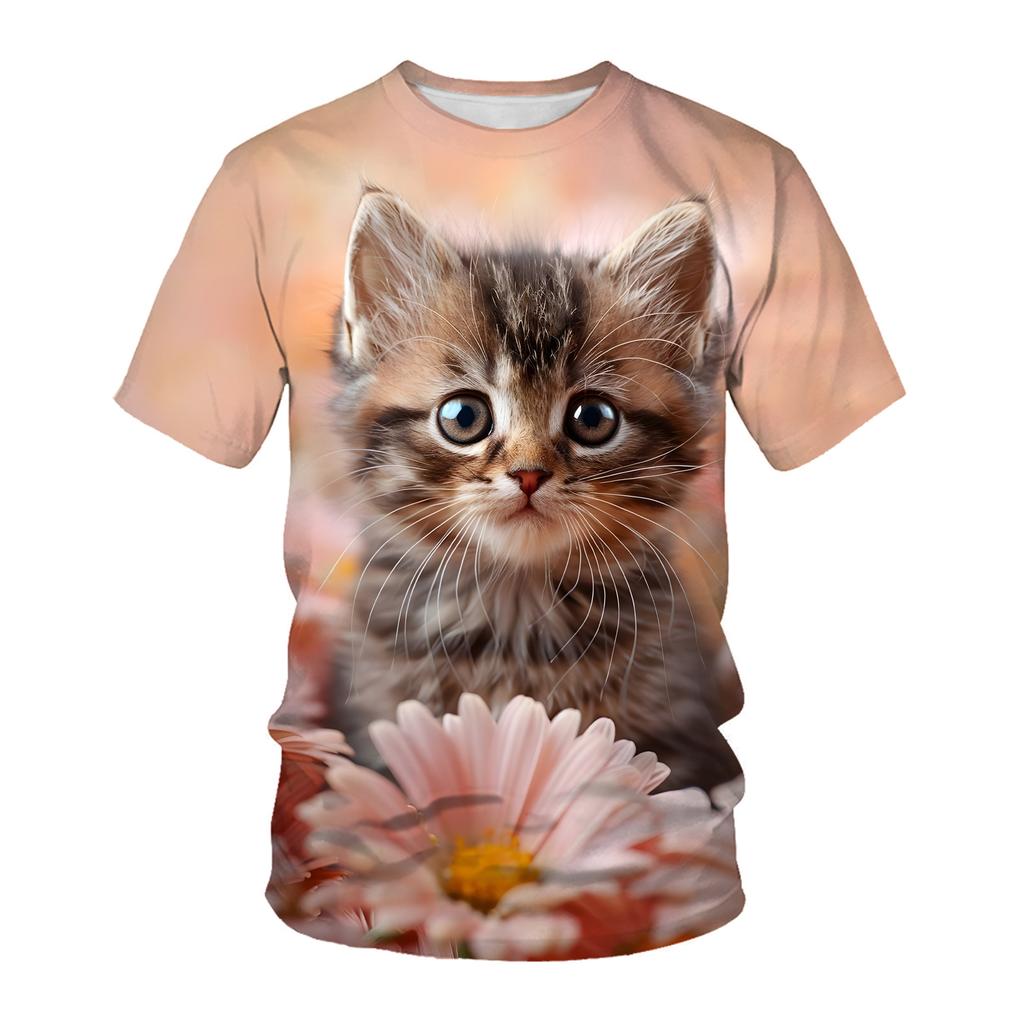 Comfortable Soft Cute Cat Summer Short Sleeved T-shirt 3D Printed Round Neck Casual Sports Men's Women's T-shirt