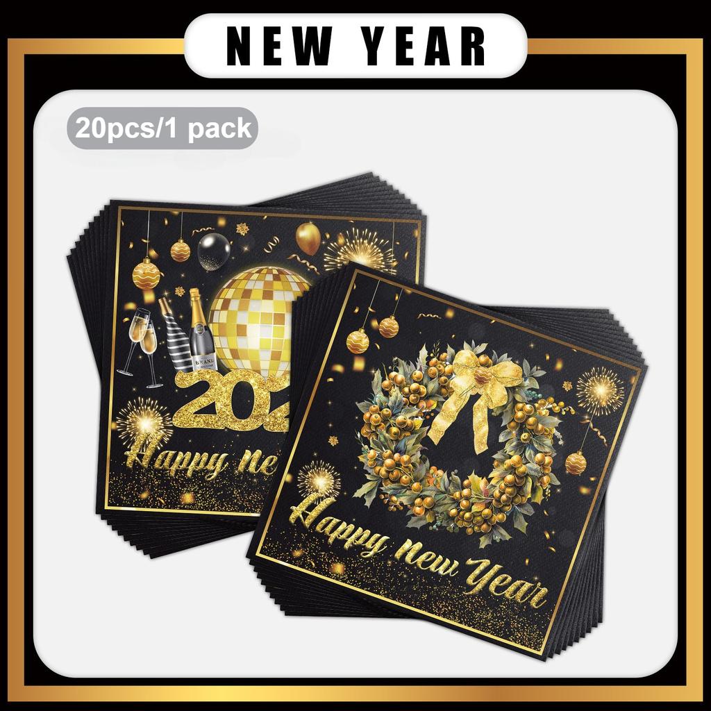 2026 New Year Party Napkins - Golden & Black Elegant Table Decor, Champagne Bottles & Balloons - Heavy-Duty 2-Ply Paper Napkins