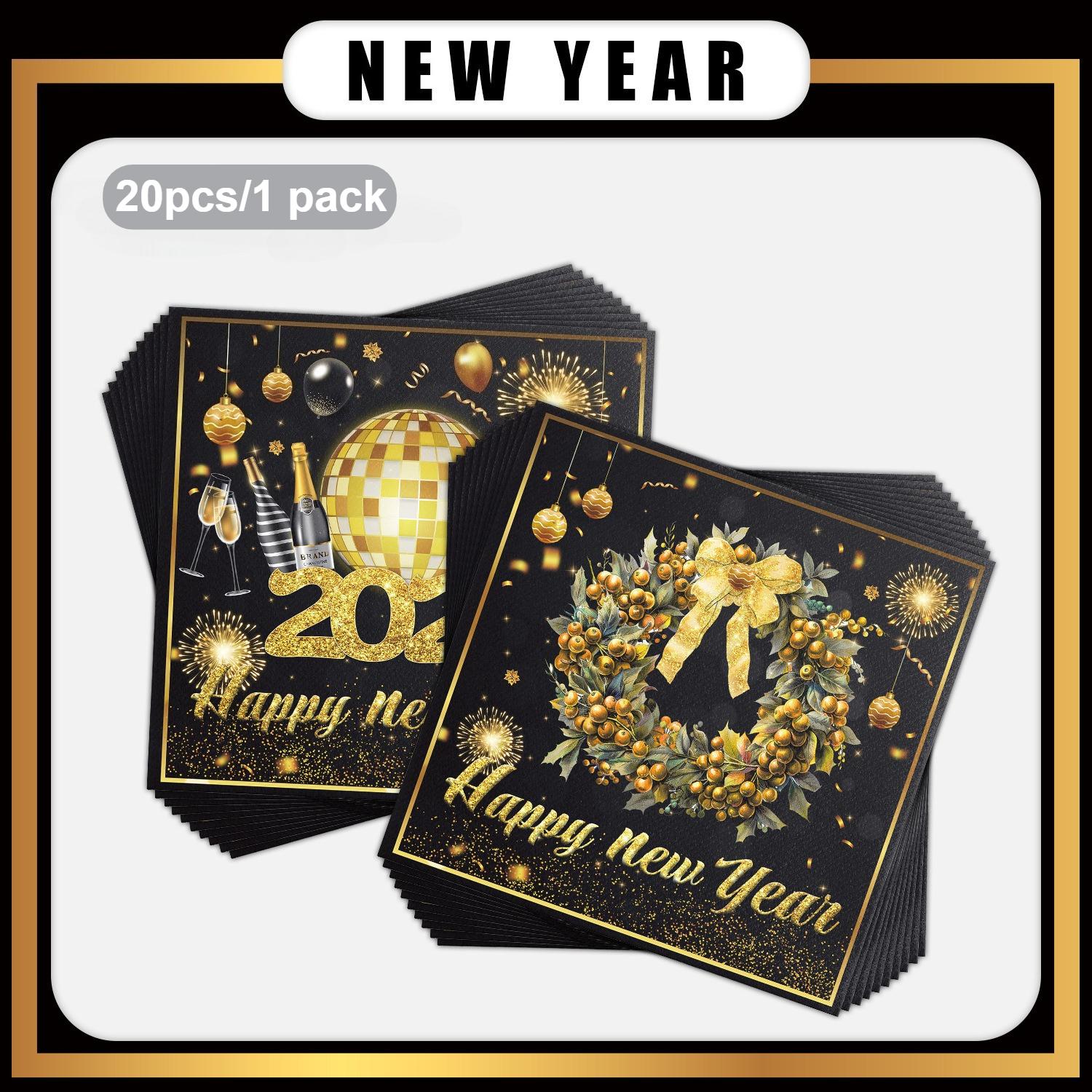 

2026 New Year Party Napkins - Golden & Black Elegant Table Decor, Champagne Bottles & Balloons - Heavy-Duty 2-Ply Paper Napkins
