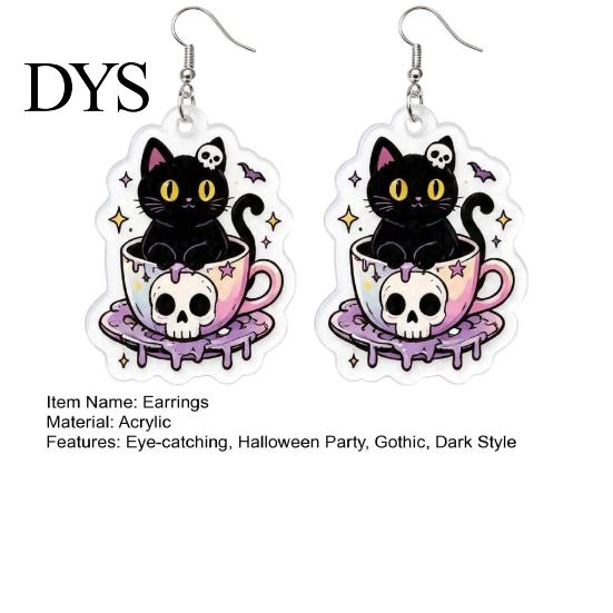 Halloween Costume Jewelry 1 Pair Earrings for Women, 2D Acrylic Teacup Black Cat Creative Pendant Gift Dangle Drop Earrings, Gothic Cartoon