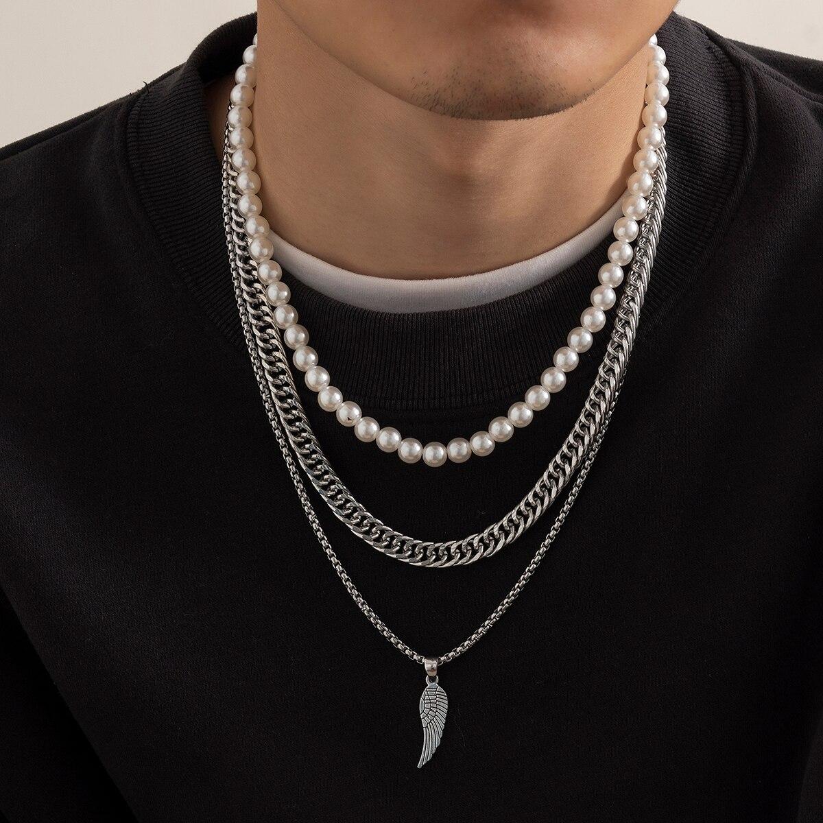 

3Pcs/Set Punk Imitation-Pearl Cuban Thick Chunky Chain Necklace Goth Box Link Wings Pendant Choker Grunge Jewelry Steampunk Men