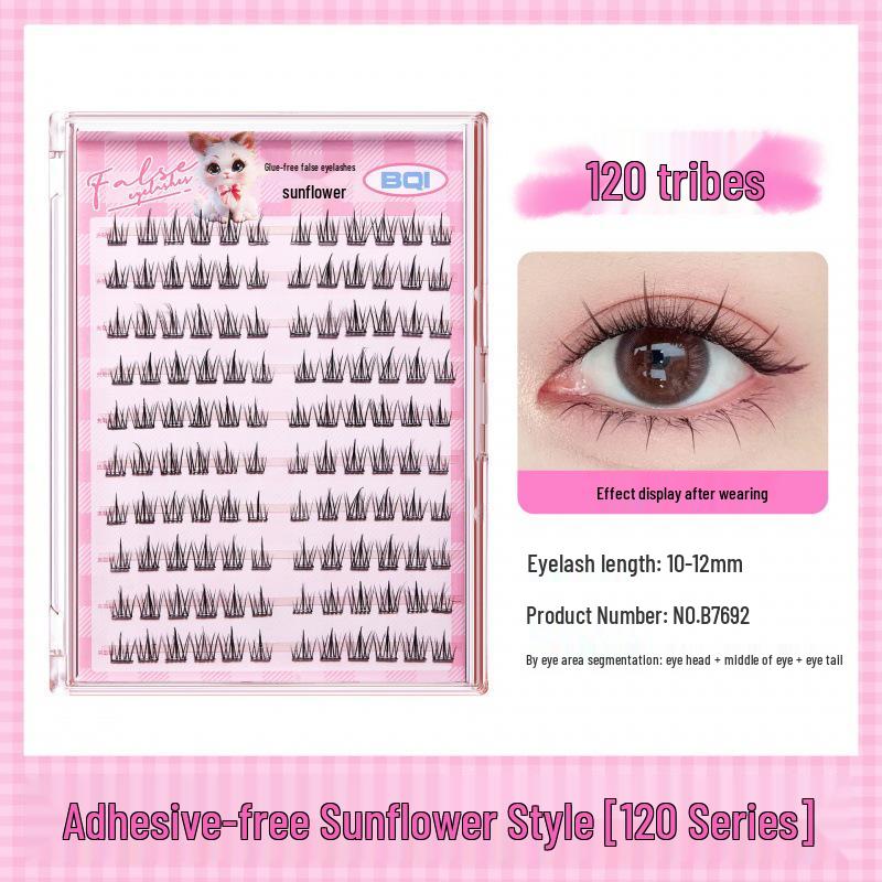 BQI Glue-Free False Eyelashes: 10 Rows, Sunflower Design, Easy 3-Step Application, Large Capacity Eyelash Book Single Box