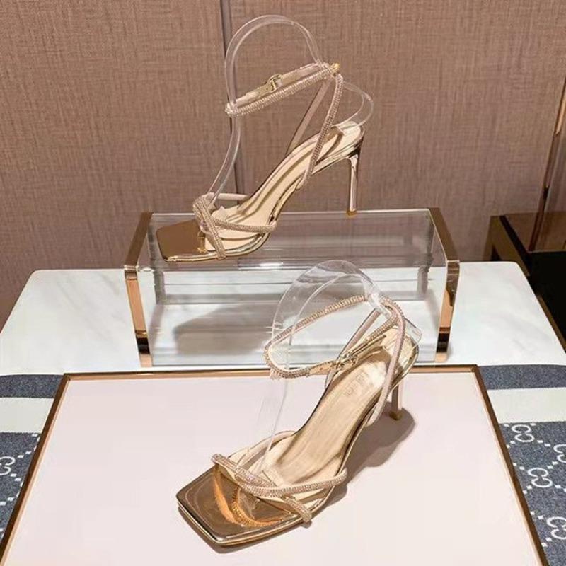 2026 Fashion Rhinestones Gladiator Silver High Heels Ankle Strap Strappy Sandals Women's Sexy Stiletto Party Bridal Shoes Summer