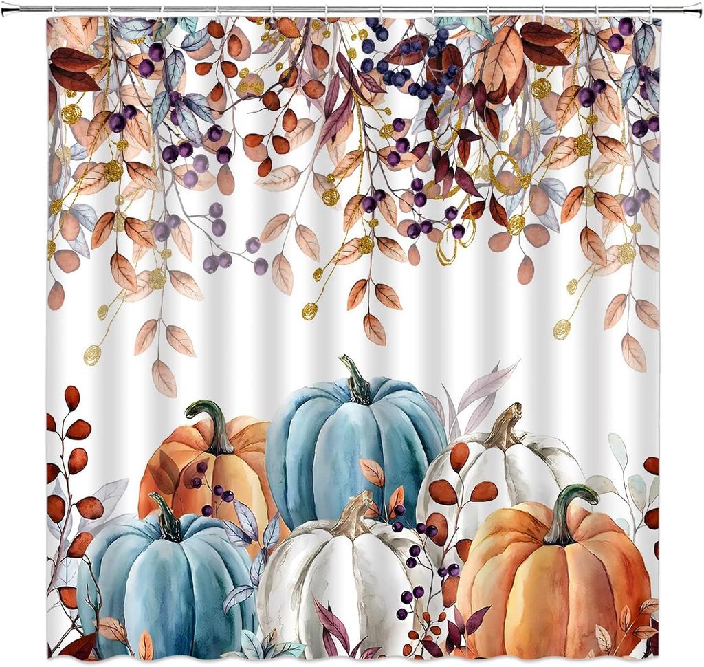 Dzięki dyniom na Święto Dziękczynienia Zasłona prysznicowa Akwarelowe liście Kolorowa dynia Żniwa Jesień Jesień Tkanina Dekoracyjne zasłony łazienkowe
