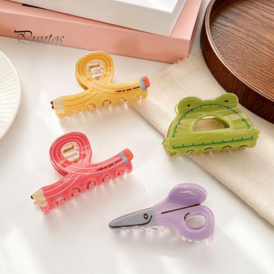 Scissors Rulers Design Hair Claw Thick Built-in Spring Claw, Transparent Soft Acrylic Shower with Office Accessories Curved Anti-Slip Teeth,