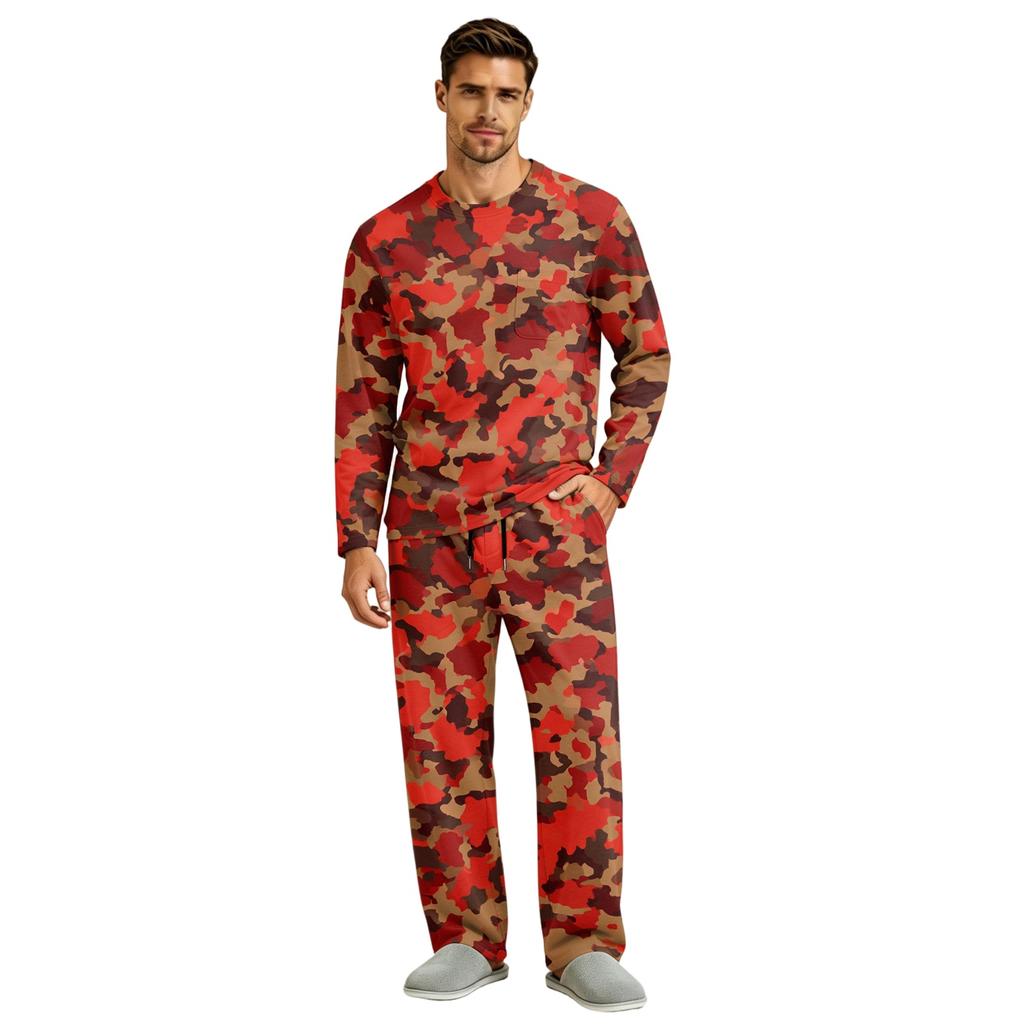 Men's Long Sleeve Pajama Set with Button Crotch and Elastic Drawstring Waist Pants for Home Loungewear