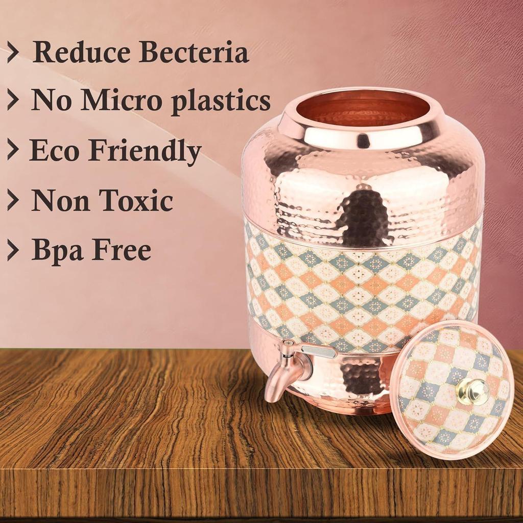 Martelo de cobre esculpido dispensador de água recipientes matka pote com torneira de aço inoxidável 11 litros benefícios para a saúde ayurvédica ioga cobre