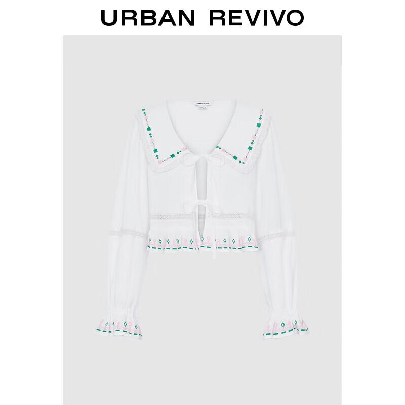 Women s Doll Collar Embroidered Lace Tie-up Long Sleeve Shirt M