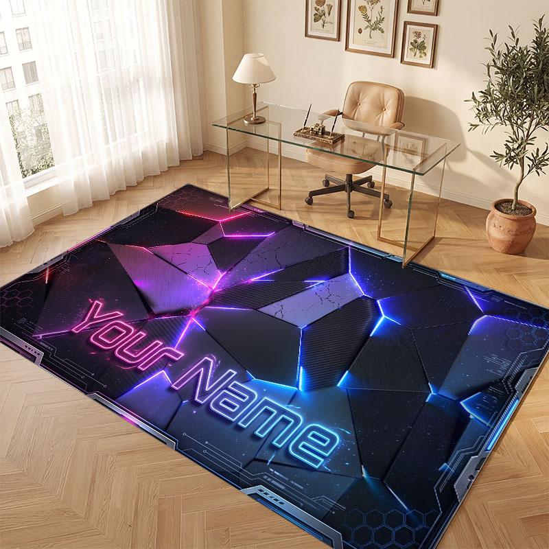 City Cyberpunk Theme Crystal Velvet Floor Rug Personalized Custom Name Text Warm Carpet Home Decoration