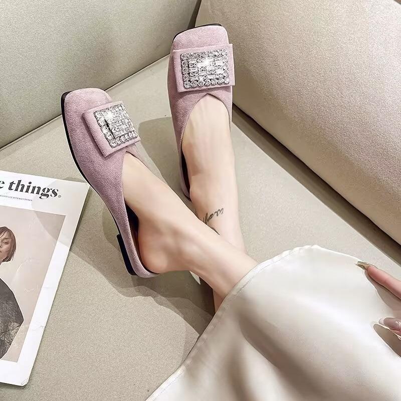 Fashion bag head half slippers women's new summer wear versatile non-slip rhinestone square head flat sandals