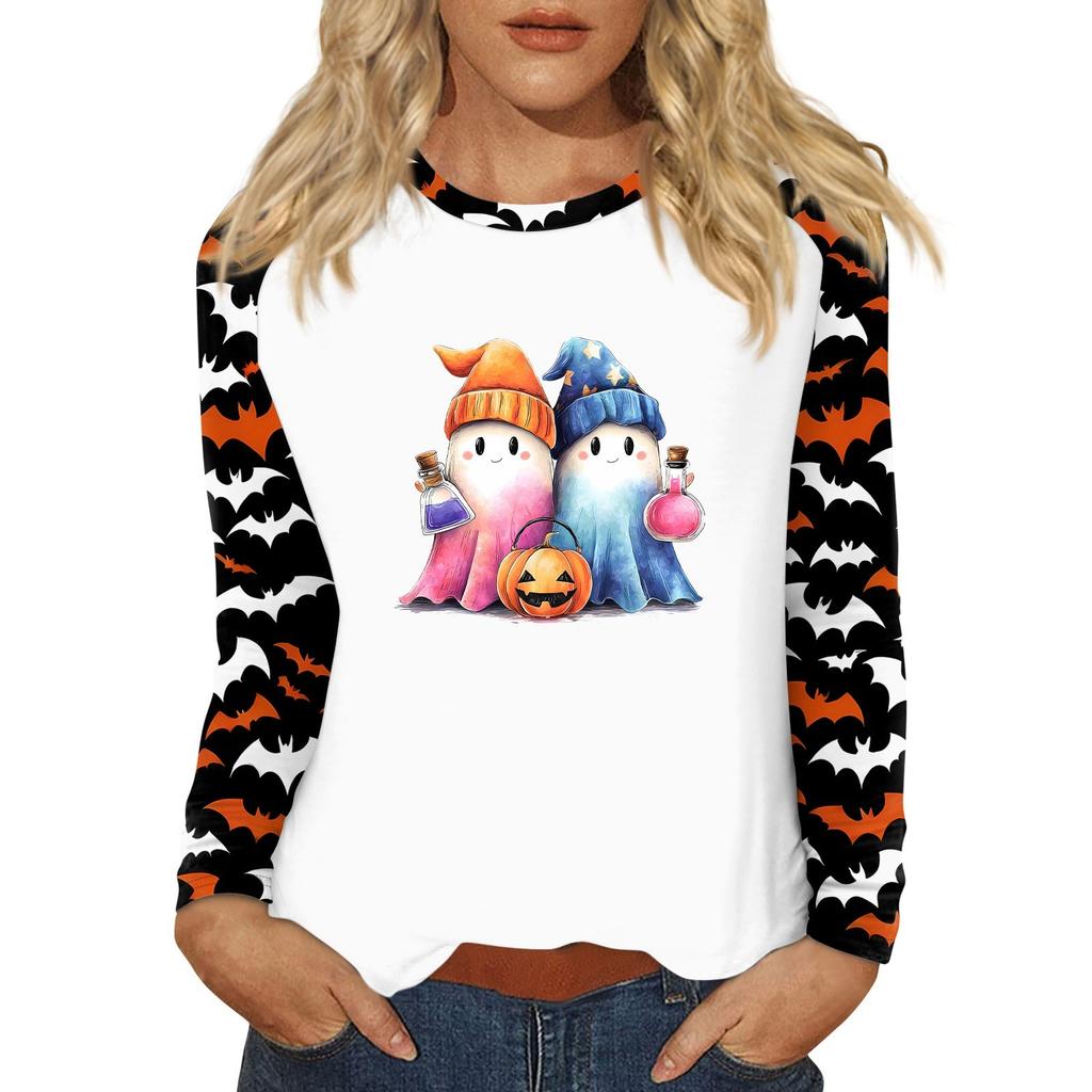 Damen T-Shirt Halloween-Print Langarm Täglich Mode Basic Rundhals Raglanärmel Oberteil
