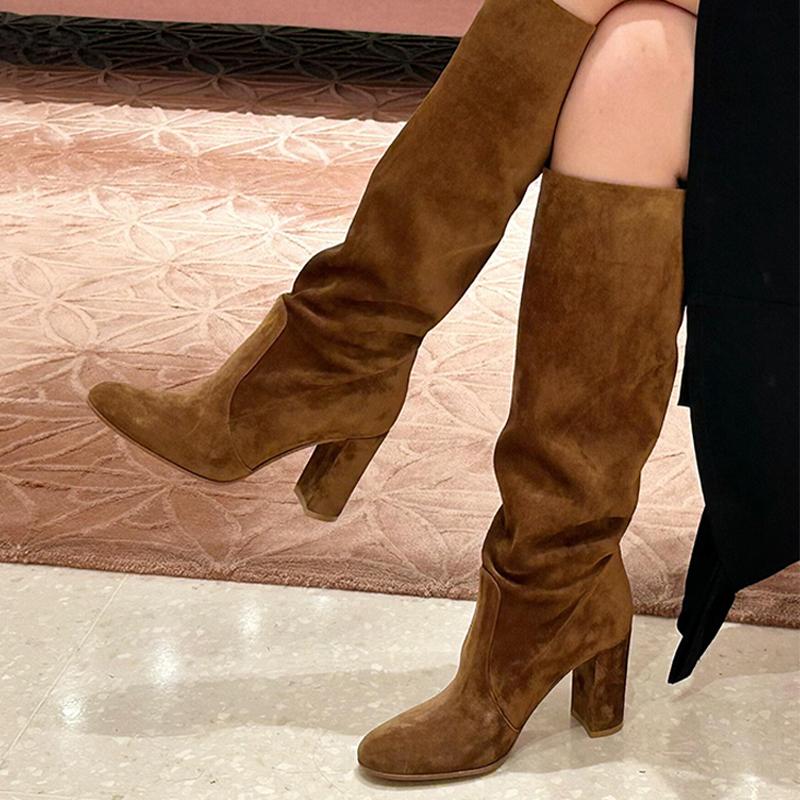 High-end Sexy High Heels Women's Long Boots Fashion Elegant Suede Shoes Pumps Party Winter Boots New Suede Knee High Boots Mujer