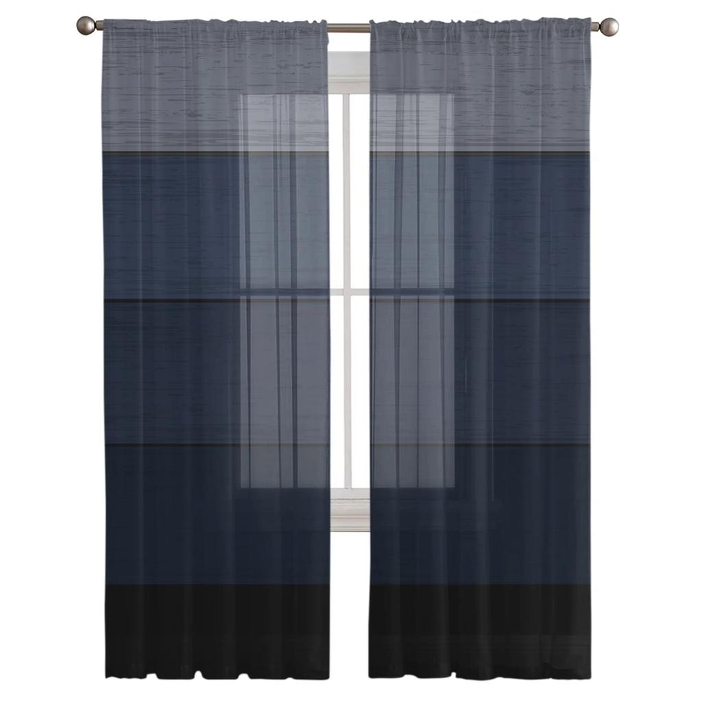 Wood Grain Navy Blue Gradient Sheer Curtain for Living Room Hall Window Dress Up Home Decor Tulle Curtains