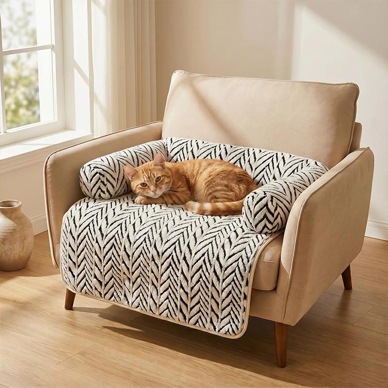 Pet Sofa Bed Mat with Side Bolsters Dog Cat Bed Soft Fluffy Anti-slip Couch Protector Sleeping Cushion for Small Medium Dogs Cat