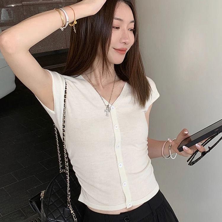 

Женская оранжево-красная трикотажная футболка с V-образным вырезом, коротким рукавом, облегающего кроя 2025 S белый