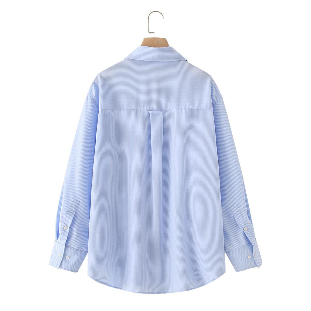 Women's 1116 Summer New Fashion Casual Striped Oxford Long Sleeve Shirt Lapel Women's Shirt 1111181