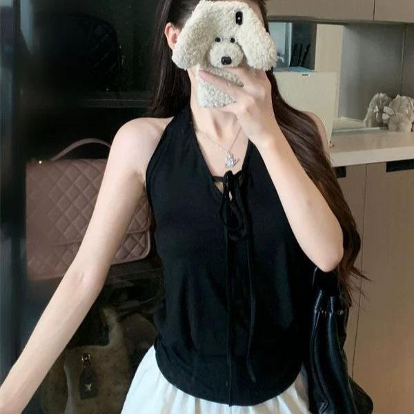 Summer New Spice Girl Style Neck Sling Vest Women's Backless Design Sense Slim Skinny Versatile Top