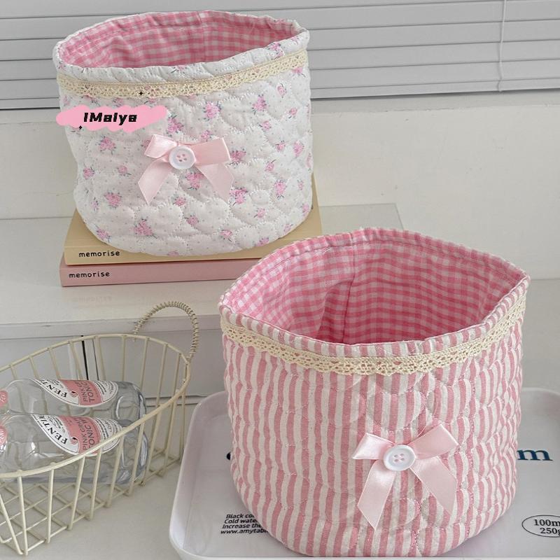 M-Cute Love Heart Storage Box Quilting Cotton Bow Desktop Storage Basket Large-capacity Round Storage Frame Home Decoration
