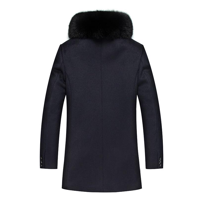 FengXun Men's Winter Wool Blend Overcoat with Removable Rex Rabbit Fur Liner and Fox Fur Collar