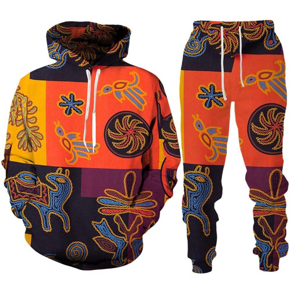 Color Block Patchwork 3D Print Hoodies Pants Sets Men's Sweatshirts Sweatpants Two Piece Suits Outdoor Tracksuit Man Clothing