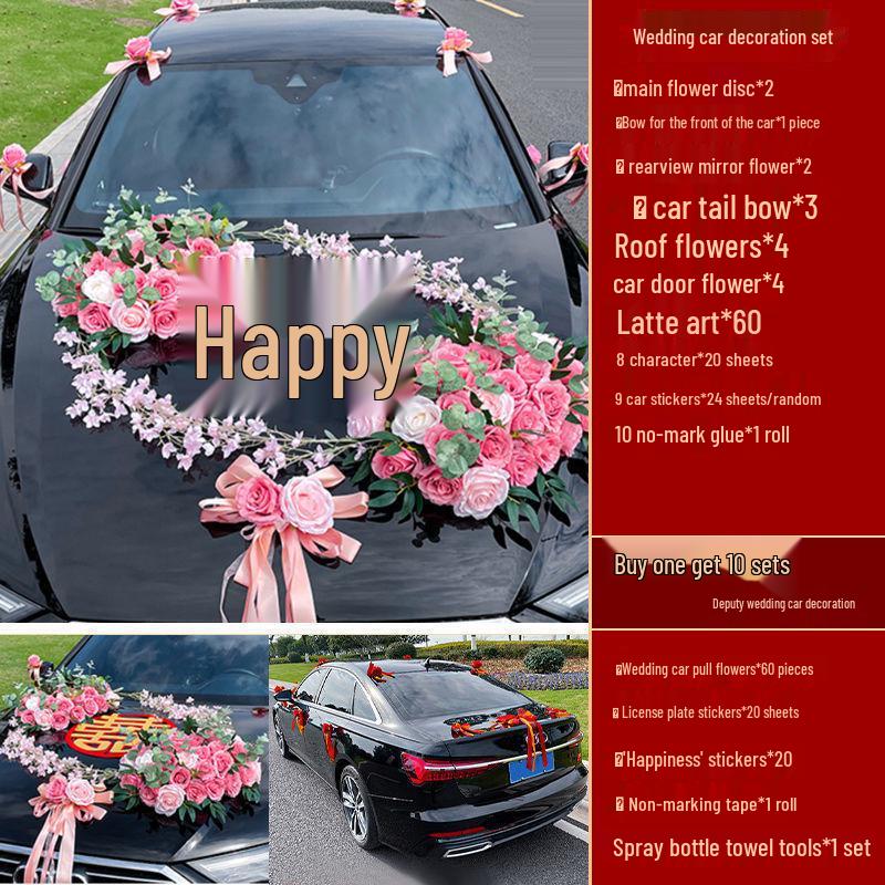 Complete Wedding Car Decoration Set: Front Flower Main Car and Lead Car Arrangement