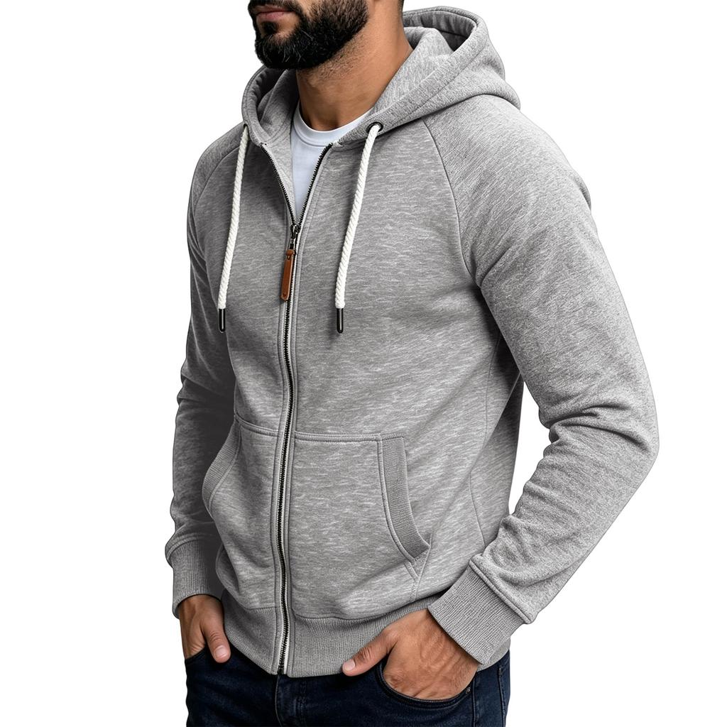 Men's Color Casual Zip-Up Hooded Jacket with Large Pockets and Raglan Sleeves
