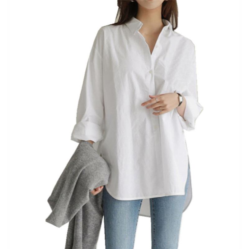 Women Solid Color Button Down Shirt Loose Long Sleeve Casual Blouse S белый