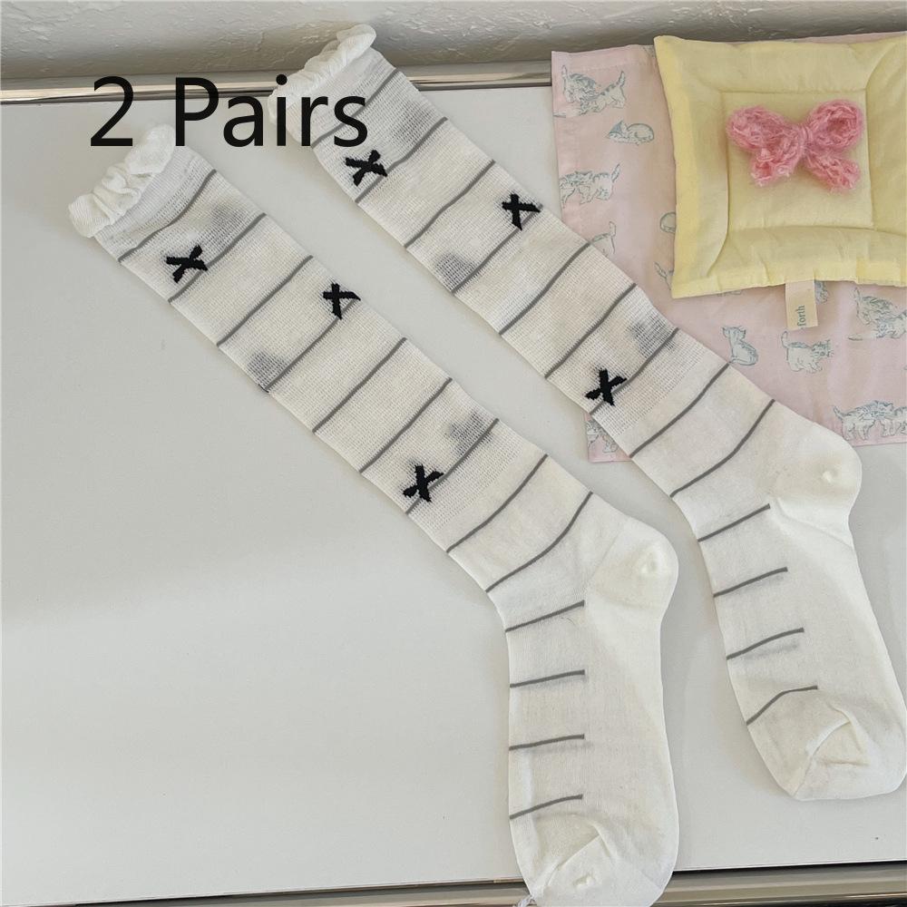 2 Pairs of Bubble Socks, Bow Calf Socks, Summer Ballet-style Long Tube Pile Socks, Lace Socks