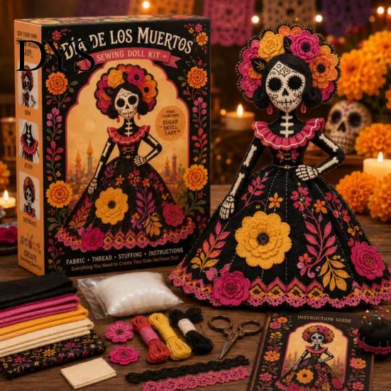 Volkskunstpuppen Bastelset Tag der Toten Patchwork DIY-Set, Zuckerschädel Nähen Bastelsets für Erwachsene, Feiertags-Andenken-Herstellungsmaterialien Halloween