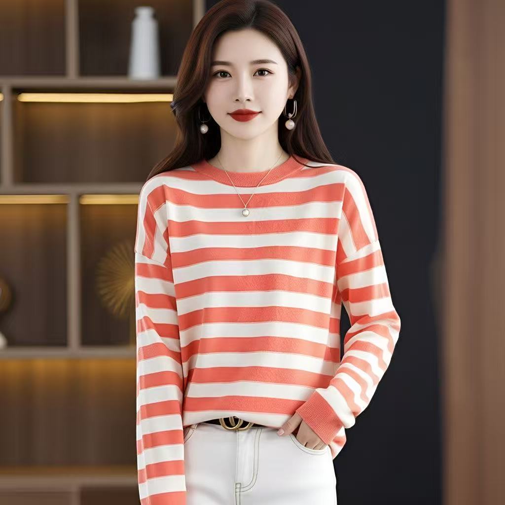 O-Neck Stripe Pullovers for Women Spring Autmer Long Sleeve Casual Cotton Soft Thin Sweater T Shirt Girl Korea Fashion Tops