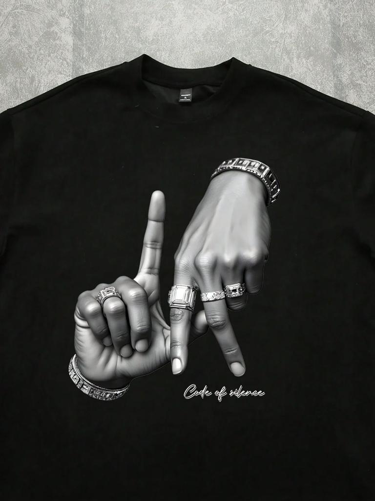 Summer Men's 100% Pure Cotton Street T-shirt, Los Angeles Handprint T-shirt, Urban Fashion Loose and Breathable Short-sleeved