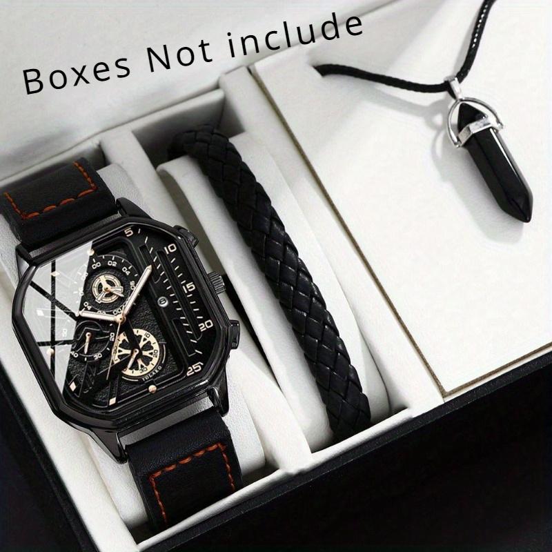 

3 шт./компл., 1 шт. модные мужские деловые кварцевые наручные часы из искусственной кожи с квадратным принтом, 1 шт. повседневный браслет и 1 шт. классическое ожерелье, идеальный выбор для подарков
