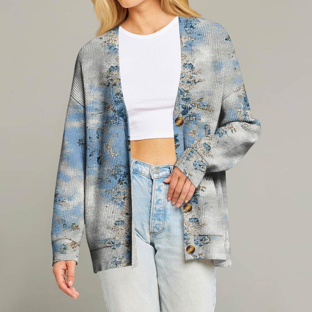 Women's Fashion Long Sleeve Christmas Print V-Neck Button Loose Cardigan Top