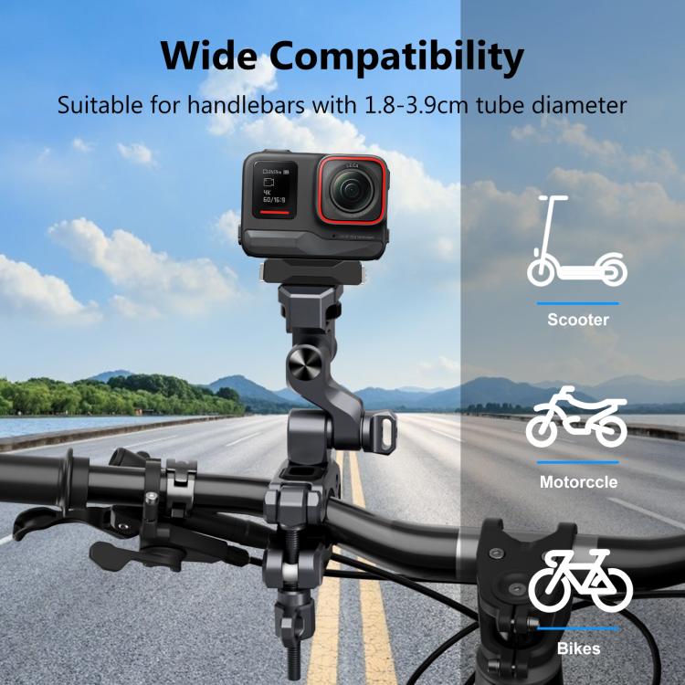 PULUZ Grey 3‑Way Aluminum‑Alloy Handlebar Mount, Dual‑Lock Dampened Bracket for Motorcycle & Bicycle Panoramic / Action Cameras