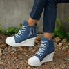 Fashion Fashion Denim Blue Canvas Shoes Women 2025 Autumn Metal Zip Decoration Lace Up Wedge Heel Pumps Casual High Heel Ankle Shoes