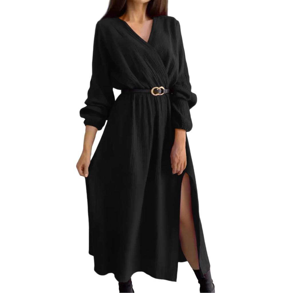 Women's Fashion Casual Flared Dress Long Sleeve Solid Color Dress
