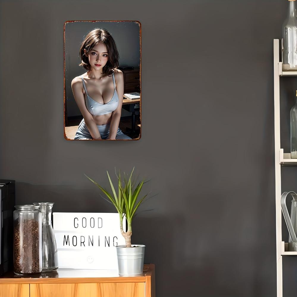 Vintage Women's Face Metal Poster - Elegant Brown Hair Red Lips Portrait - Waterproof Aluminum Sign with Adhesive - Home Cafe Ba