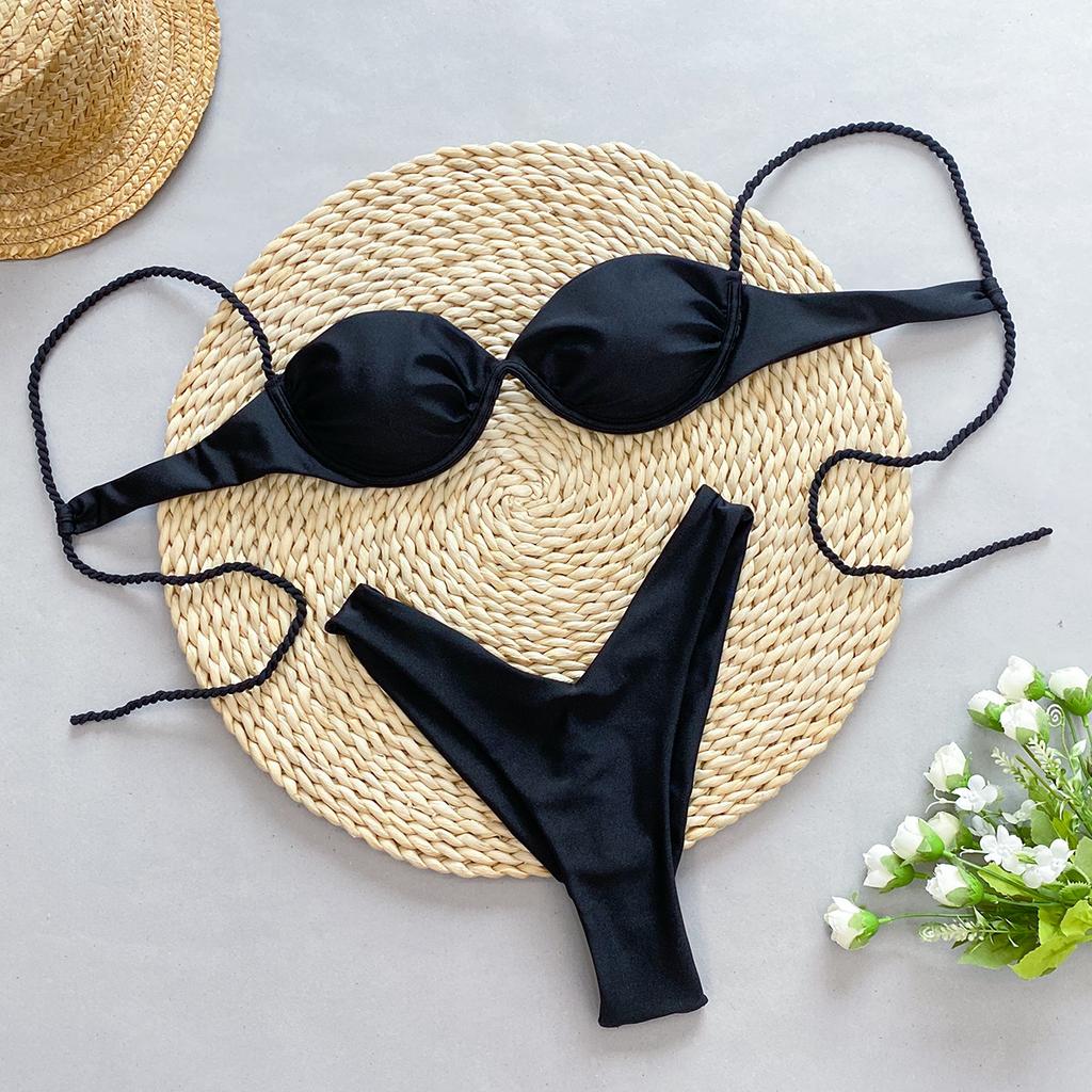 Fashion Solid Wavy Low Waist Bikini Set Women Patchwork Aesthetic Sweet Swimsuit Hollow Out Two Pieces Sets Female Beach Party Suits