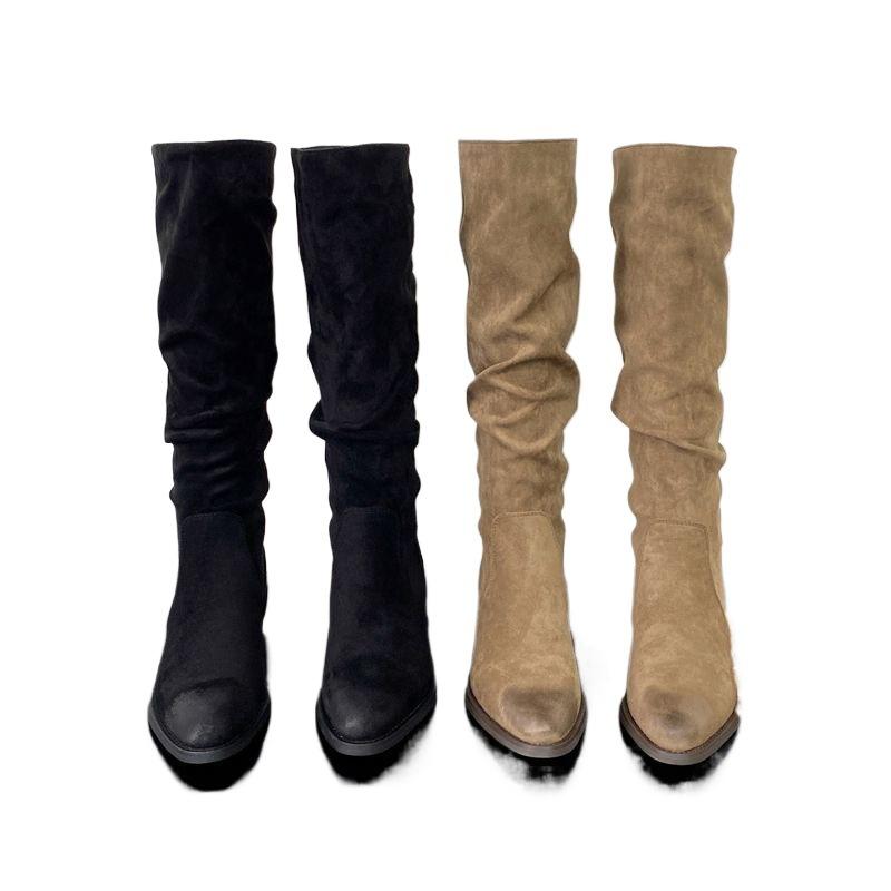 Korean version of retro long boots stacking boots thick heel high boots tall knight boots thin boots medium heel pointed cowboy boots