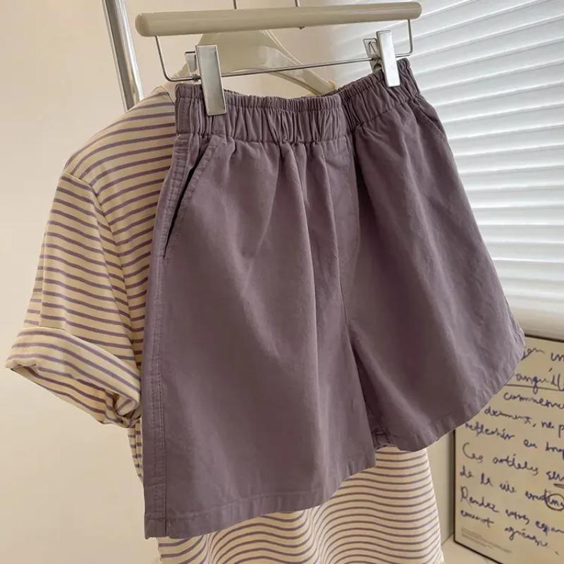 Women's Elastic High Waist Casual Shorts Multi-Color Cotton Blend Wide Leg Summer Shorts with Pockets
