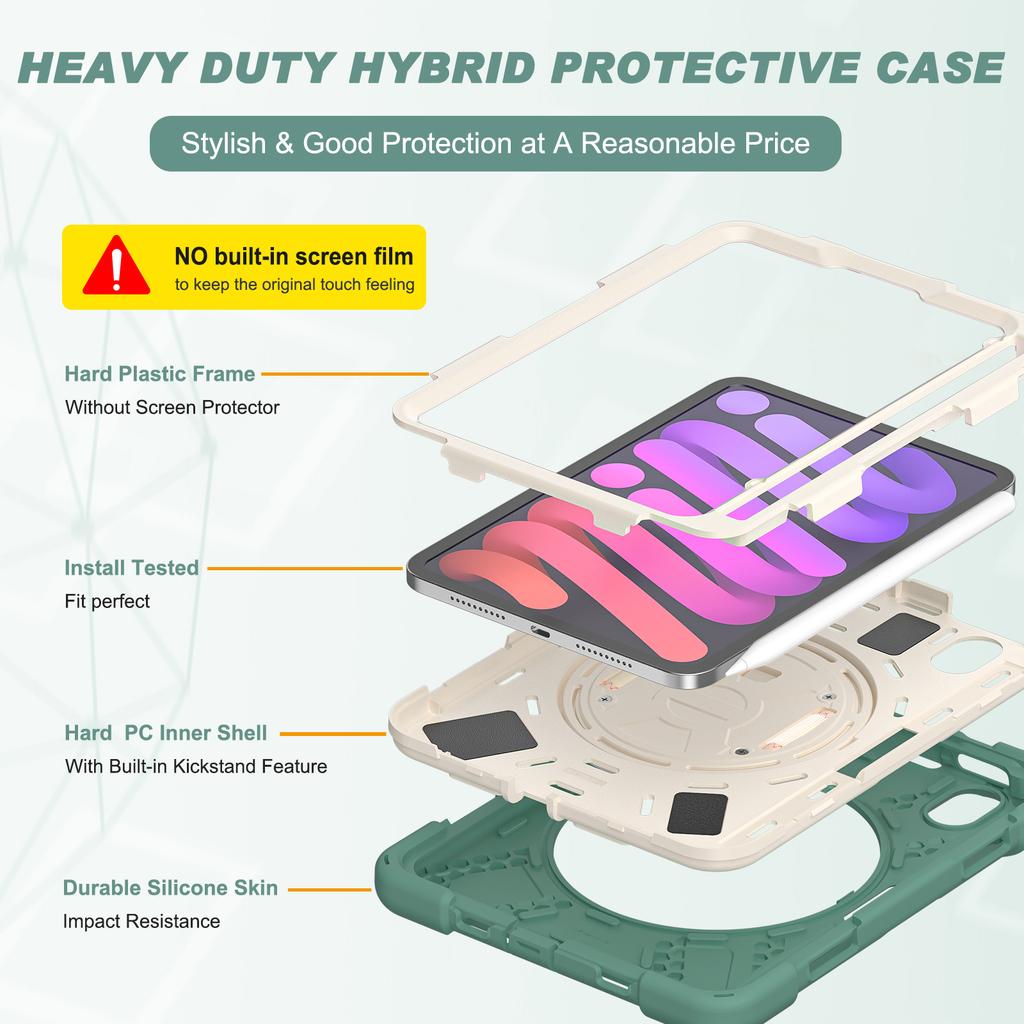 Heavy Duty Case Universal For iPad Mini 7 A17 Pro 2024 2021 8.3" Rotatable Stand Hybrid Cover With Hand Shoulder Strap, Pen Slot