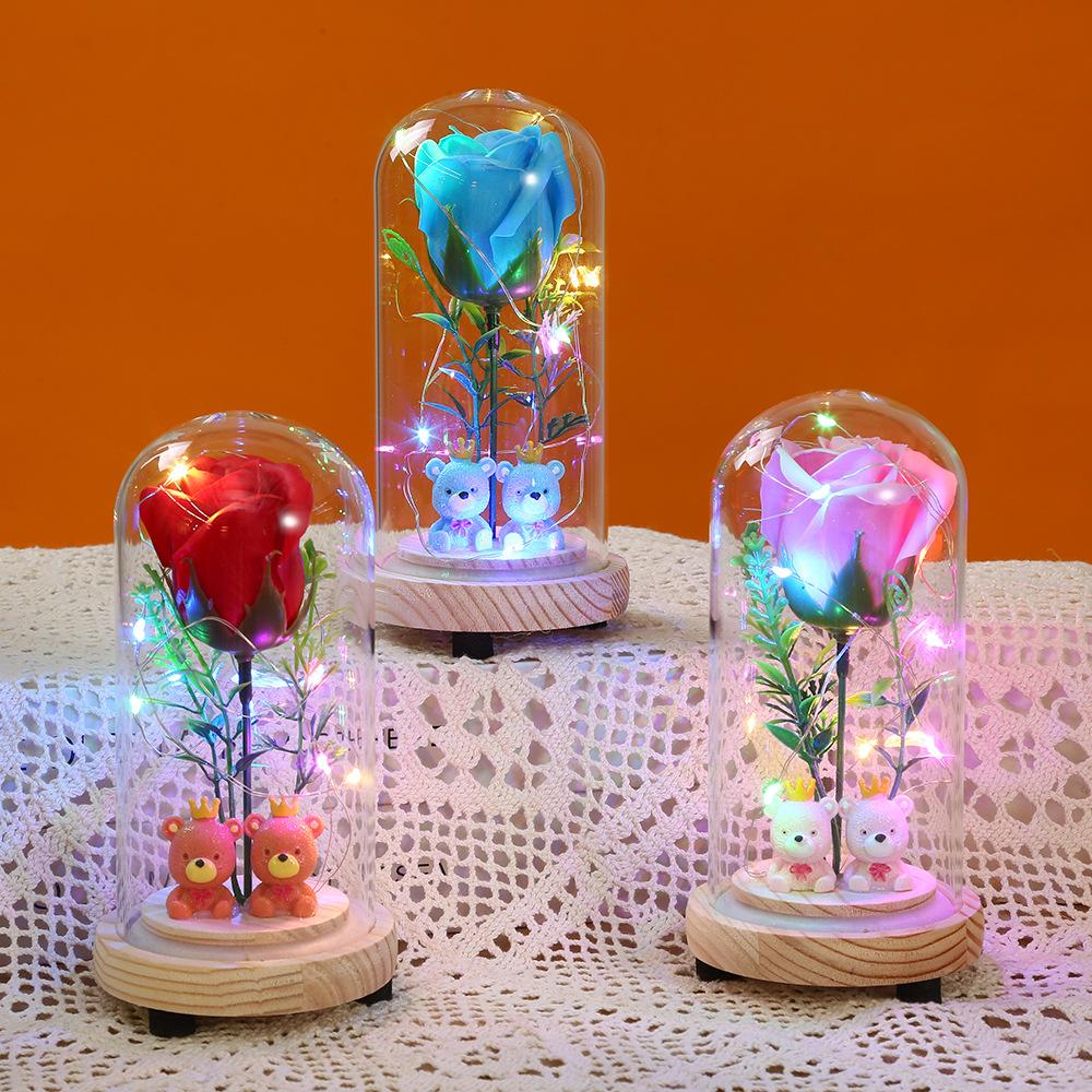 Cartoon cute couple bear desktop ornament, eternal flower glass cover luminous led night light home decoration