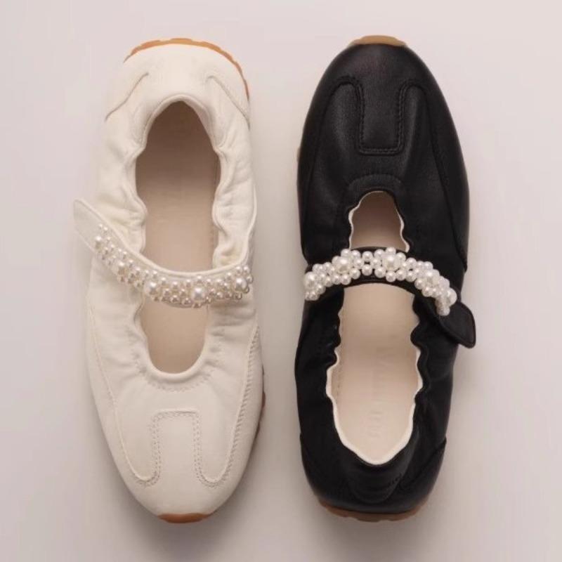 Pearl Mary Jane Sneakers Functional Platform Leather Casual Velcro Inner Heightening Ballet