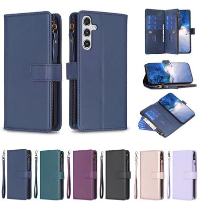 Luxusní držák 9 karet Sloty Kapsa na zip PU kožený kryt kabelky Magnetické zavírání Stojánek s popruhem na zápěstí Nárazuvzdorné Flipové pouzdro pro Samsung Galaxy