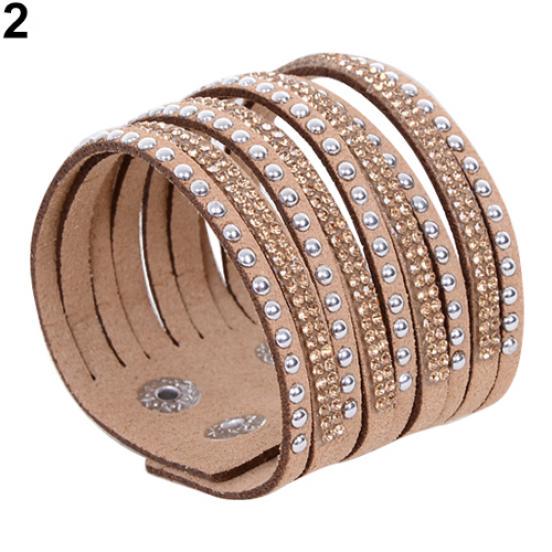 Women's Multilayer Wrap Rivet Rhinestone Suede Cuff Bangle Wristband Bracelet ADM