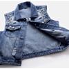 Women Denim Vest Pearls Spring Autumn Jeans Jacket Sleeveless Loose Short Coat Waistcoats Streetwear Female