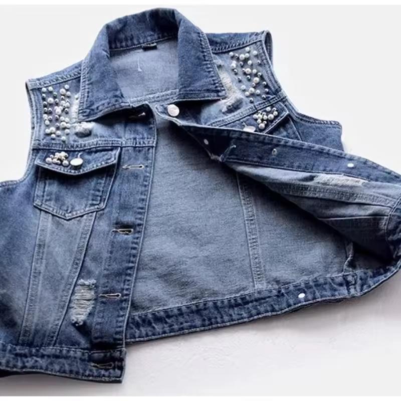 Women Denim Vest Pearls Spring Autumn Jeans Jacket Sleeveless Loose Short Coat Waistcoats Streetwear Female