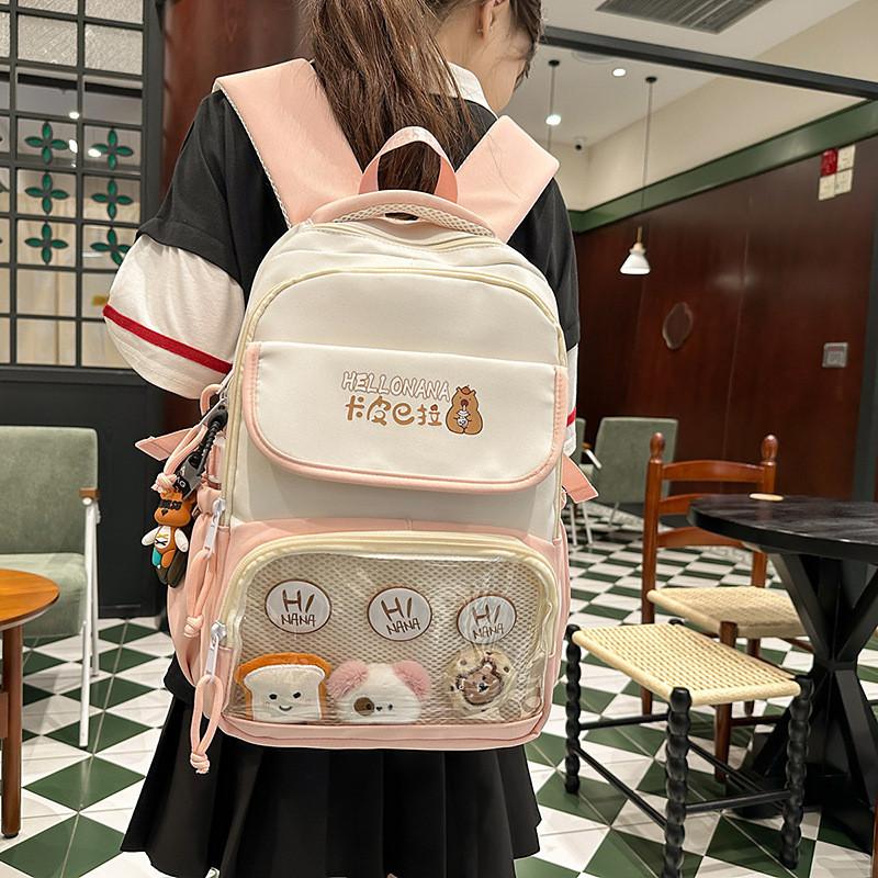 Capybara Color Blocked Letter Print Student Backpack With Pendant Badge And